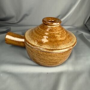Vintage Studio Pottery Soup Bowl with Lid Brown Speckle Glaze Handled 5”